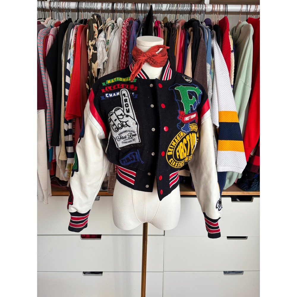 First Row Varsity Jacket Womens Small Black White Cropped Patch Letterman Bomber